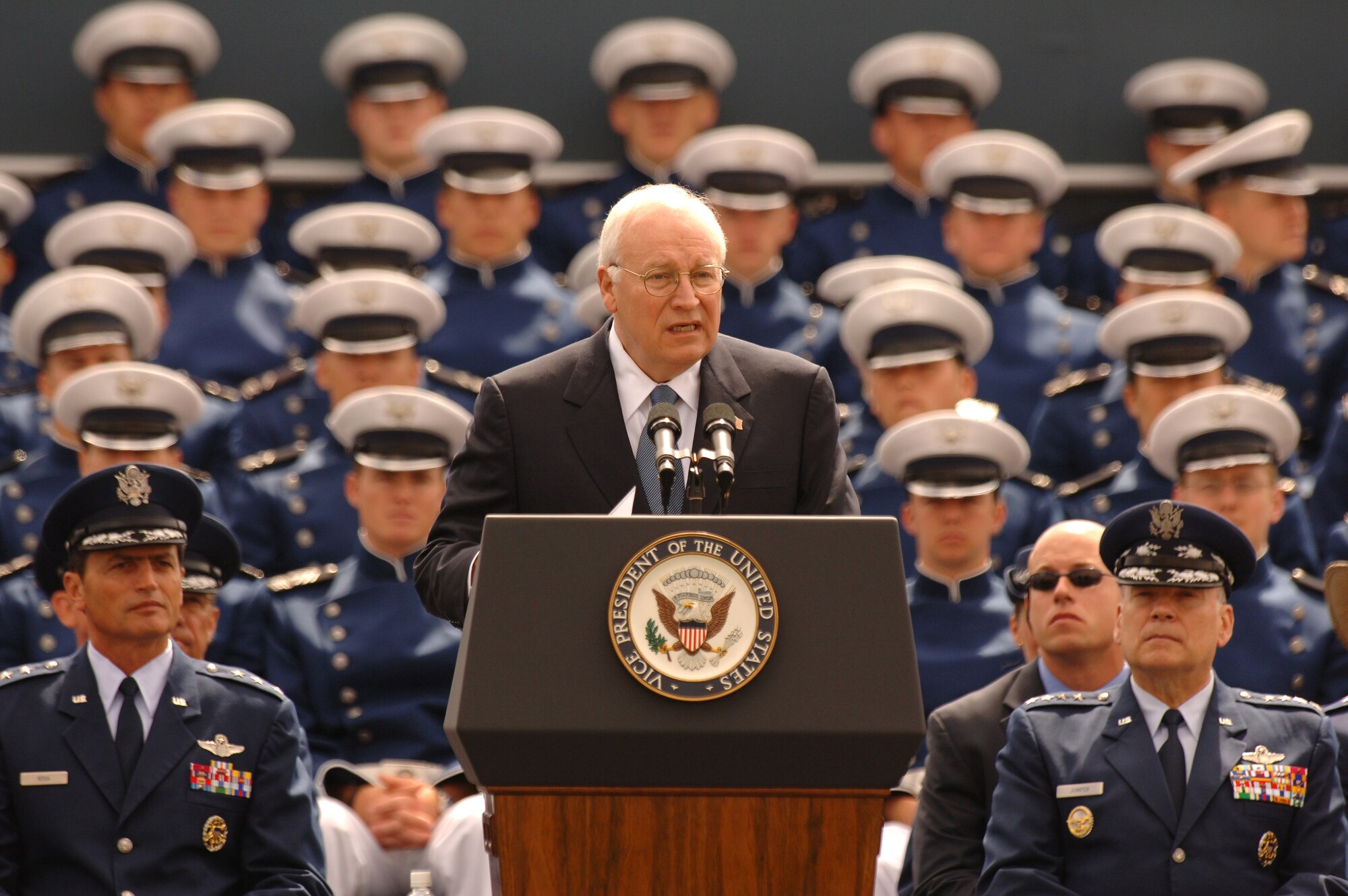 U.S. AIR FORCE ACADEMY, Colo. -- Vice President Richard B. Cheney addresses the graduating academy Class of 2005 here.  (U.S. Air Force photo by Charley Starr)