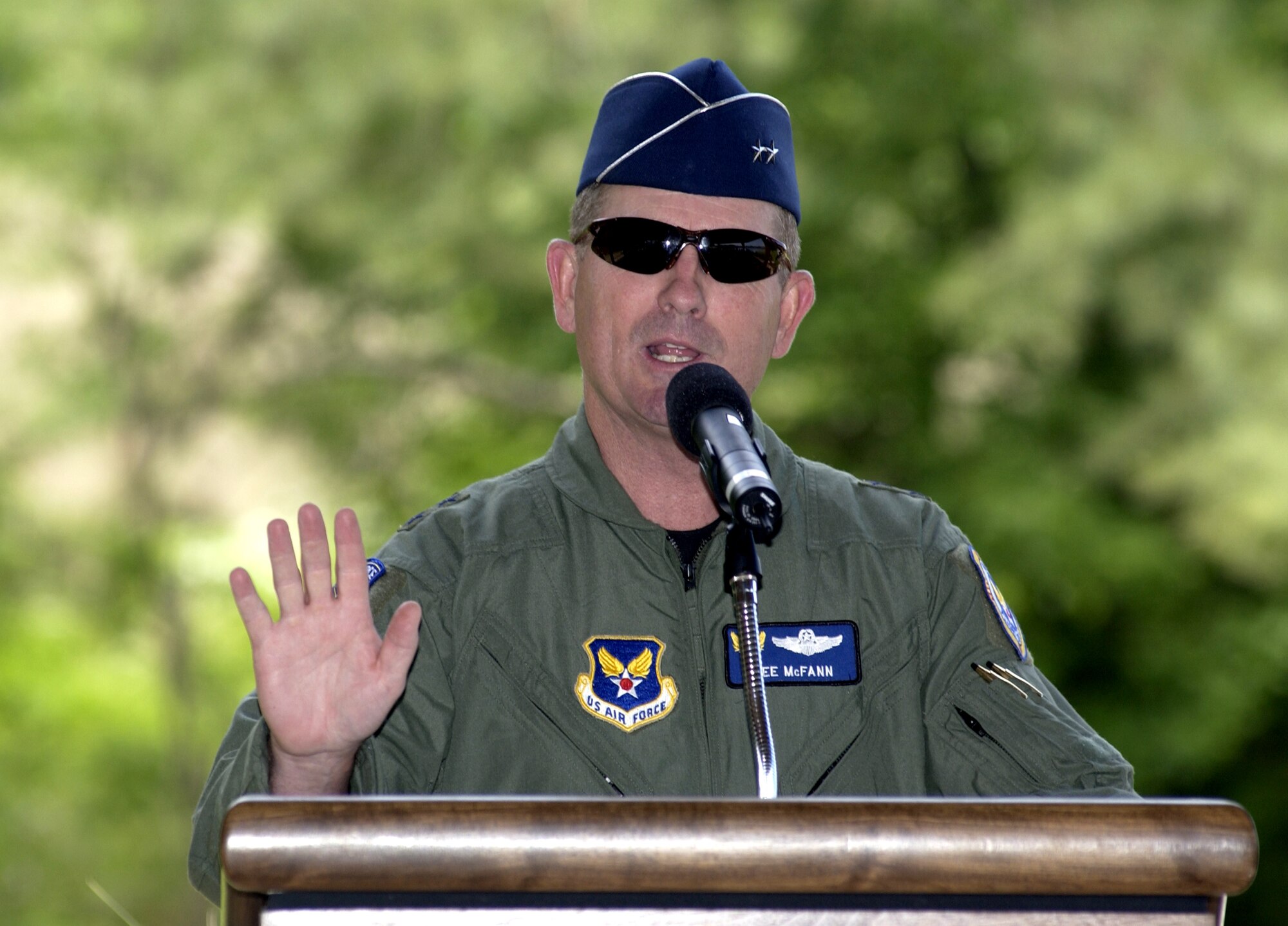 ANDREWS AIR FORCE BASE, Md. -- Maj. Gen. Maurice L. &quot;Lee&quot; McFann Jr. welcomes people to a motorcycle safety forum here May 28.  Issues discussed included how Air Force leaders can have a significant role in promoting motorcycle safety by encouraging the creation of base motorcycle clubs and tapping into civilian motorcycle safety programs.  General McFann is the Air Force safety chief.  (U.S. Air Force photo by Tech. Sgt. Tracy L. DeMarco)