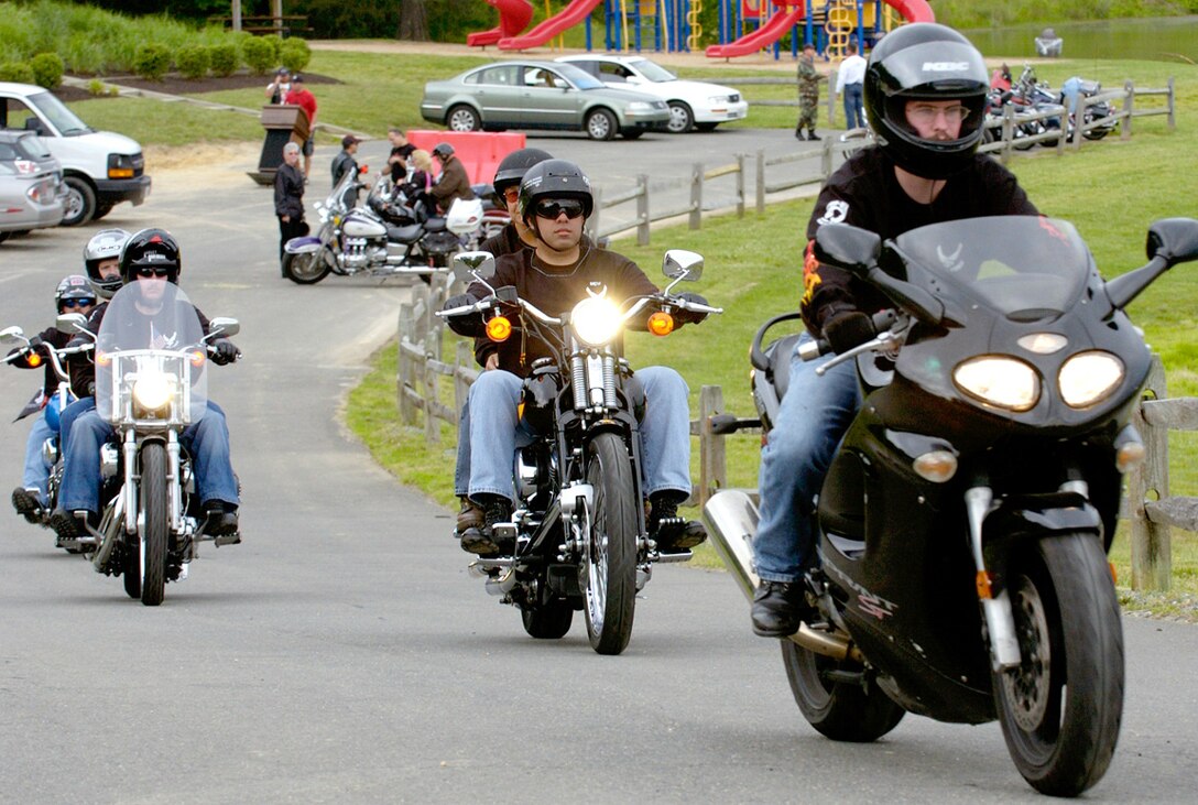 ANDREWS AIR FORCE BASE, Md. -- Motorcyclists with a riding club at Moody Air Force Base, Ga., head out after attending a motorcycle safety forum here May 28.  Riders Air Force-wide gathered with officials from the Motorcycle Safety Foundation and senior officials from various Air Force safety offices to share some insights into safety issues affecting Airmen who ride motorcycles.  (U.S. Air Force photo by Master Sgt. Jim Varhegyi)