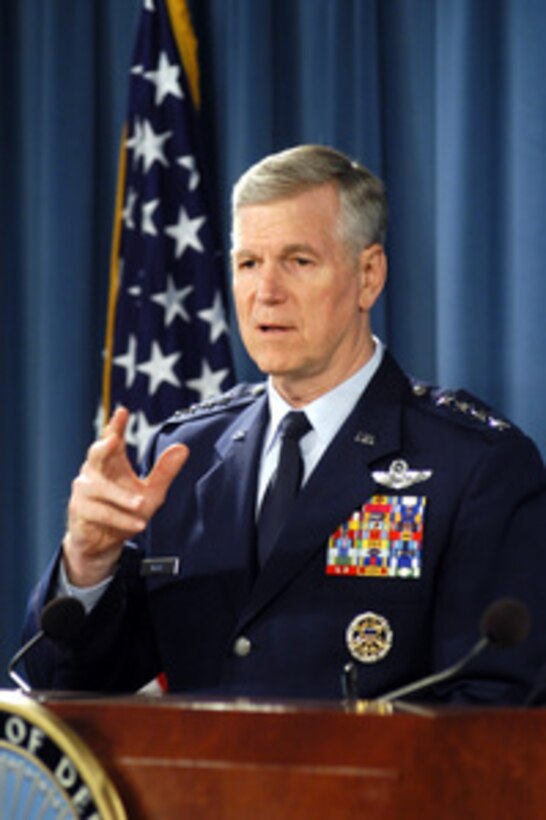 Chairman of the Joint Chiefs of Staff Gen. Richard B. Myers, U.S. Air Force, comments on the continuing suicide bomb attacks in Iraq during a Pentagon press briefing on June 1, 2005. Myers and Secretary of Defense Donald H. Rumsfeld briefed reporters on current events in Iraq. 