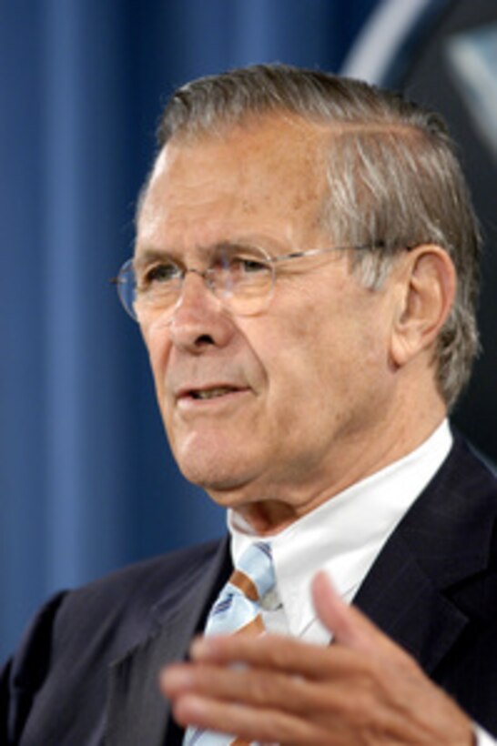 Secretary of Defense Donald H. Rumsfeld defended U.S. treatment of terrorist suspects being held at the detention facility in Guantanamo Bay, Cuba, during a Pentagon press briefing on June 1, 2005. Rumsfeld said it was absurd to compare the Guantanamo facility with a Soviet-era "gulag." Rumsfeld and Chairman of the Joint Chiefs of Staff Gen. Richard B. Myers, U.S. Air Force, briefed reporters on current events in Iraq. 