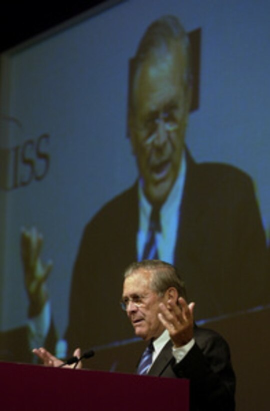 Secretary of Defense Donald H. Rumsfeld addresses the audience of the 4th International Institute for Strategic Studies Asia Security Conference: The Shangri-La Dialogue in Singapore on June 4, 2005. Rumsfeld spoke about U.S. and Asia-Pacific security beyond the War on Terrorism. The Asia Security Conference brings ministers of defense and other senior officials of Pacific nations together to discuss such topics as terrorism, piracy and defense capabilities in the region. 