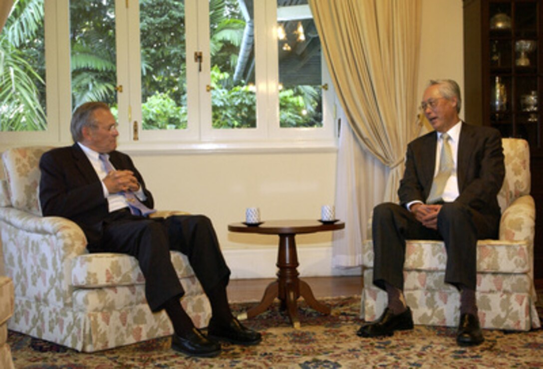 Secretary of Defense Donald H. Rumsfeld (left) meets with Singapore's Senior Minister Goh-Chok Tong at the Istana on June 5, 2005. Rumsfeld is in Singapore to attend the 4th International Institute for Strategic Studies Asia Security Conference: The Shangri-La Dialogue in Singapore. The Asia Security Conference brings ministers of defense and other senior officials of Pacific nations together to discuss such topics as terrorism, piracy and defense capabilities in the region. 