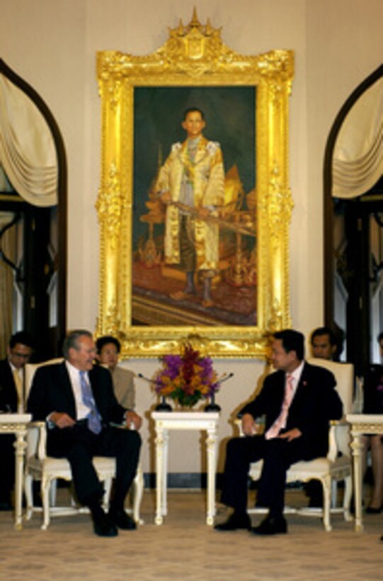Secretary of Defense Donald H. Rumsfeld (left) meets with Thailand's Prime Minister Thaksin Chinnawat in Bangkok, Thailand, on June 6, 2005. Rumsfeld is in Thailand to strengthen U.S.-Thai relationships following a three-day International Institute for Strategic Studies Asia Security Conference in Singapore. 