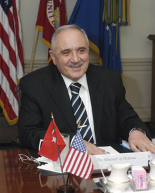 Turkey's Minister of National Defense Vecdi Gonul meets with Acting Deputy Secretary of Defense Gordon England in the Pentagon on June 6, 2005. Gonul and England are meeting to discuss defense issues of mutual interest. 