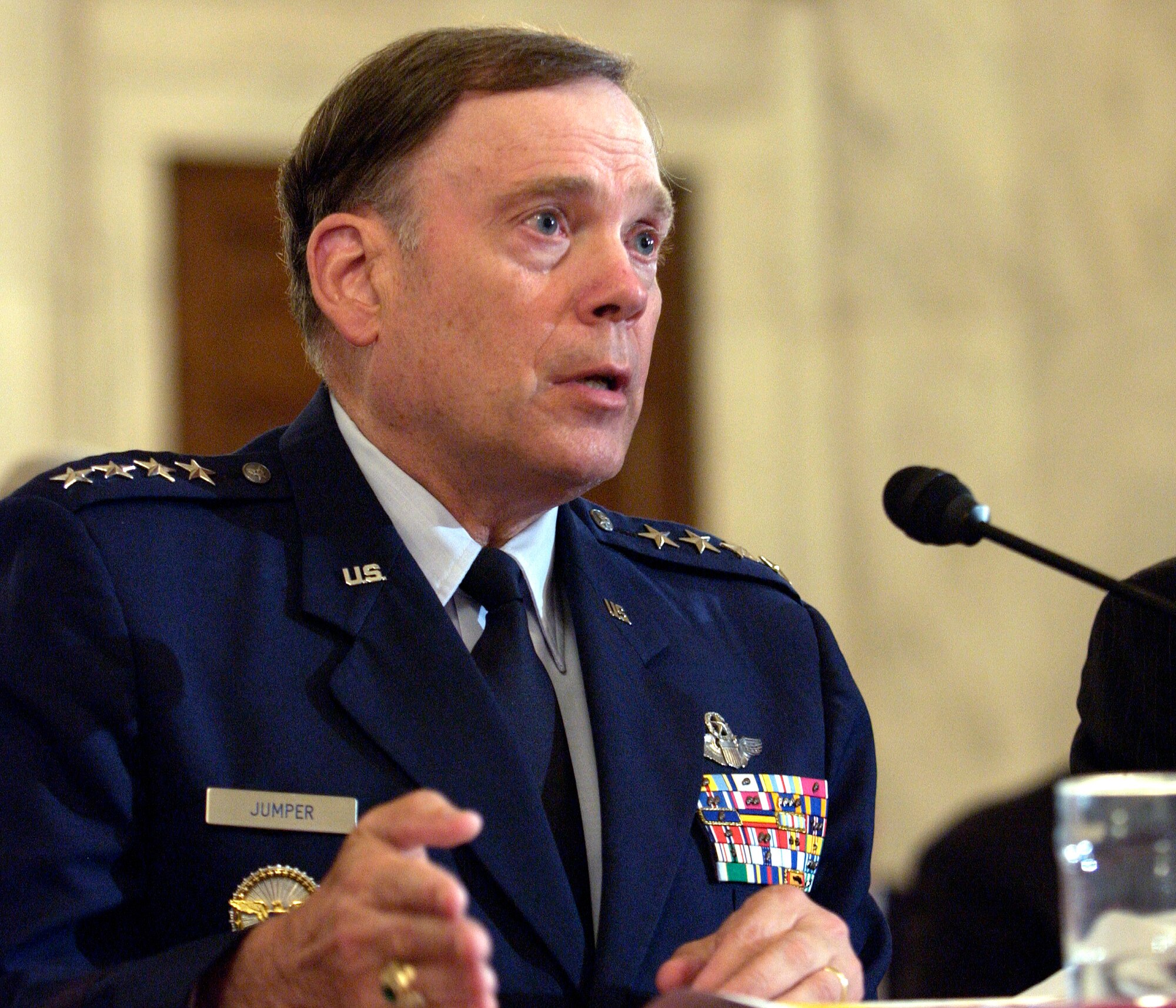 WASHINGTON -- Air Force Chief of Staff Gen. John P. Jumper answers a question during a hearing of the Senate Armed Services Committee here June 7.  The committee held the hearing to examine the Department of Defense inspector general's management accountability review of the Boeing KC-767A Tanker Program.  (U.S. Air Force photo by Master Sgt. Jim Varhegyi)

