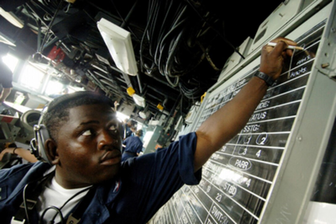 Navy Petty Officer 3rd Class Matthew Miller makes a notation on a status board as he stands the lee helmsman watch on the bridge of the USS Camden (AOE 2) during sea and anchor detail on June 7, 2005. The fast combat support ship is pulling into the port of Jebel Ali for refueling and liberty for the crew. Camden is currently conducting at sea refueling operations and supporting Maritime Interception Operations in the Northern Persian Gulf in support of Operation Iraqi Freedom. 