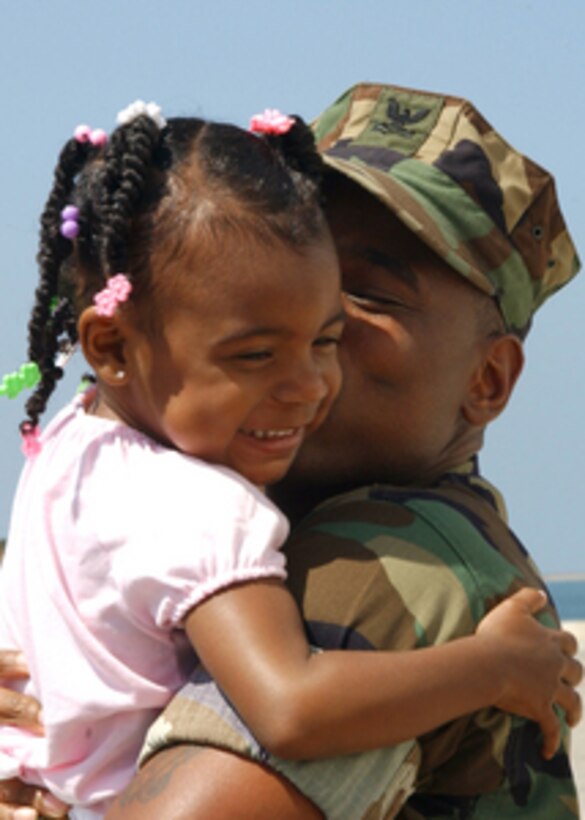 Eriona Underwood hugs her father Petty Officer 2nd Class Erik Underwood after the hospital ship USNS Mercy (T-AH 19) returned to Naval Station San Diego, Calif., on June 8, 2005. The Mercy returned after providing disaster relief to Southeast Asia following the Dec. 26, 2004, tsunami. During the deployment more than 100,000 patients were treated and more than 400 surgeries were performed. 