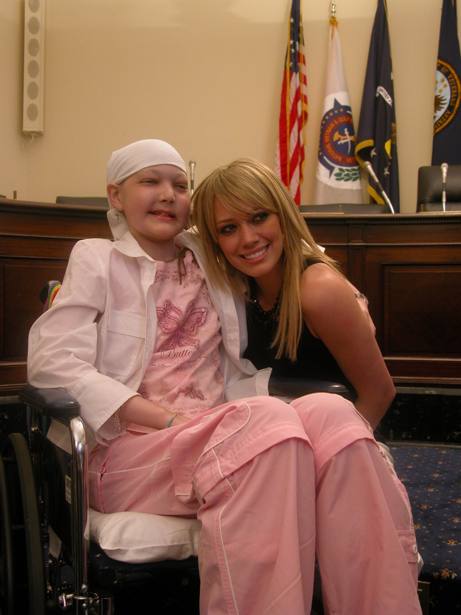 WASHINGTON -- Actress and singer Hilary Duff meets with 12-year-old Alyssa Weishoff during a visit here.  Alyssa is diagnosed with a rare childhood cancer called rhabdomyosarcoma.  Ms. Duff came to Washington on behalf of the Armed Forces Foundation, a nonprofit organization started four years ago to support military families in need.  While here, she read a story to military children, signed autographs and took photos with them and their parents as part of the foundation's kickoff of its National Military Families Week which began June 12.  (U.S. Army photo by Sgt. 1st Class Doug Sample)