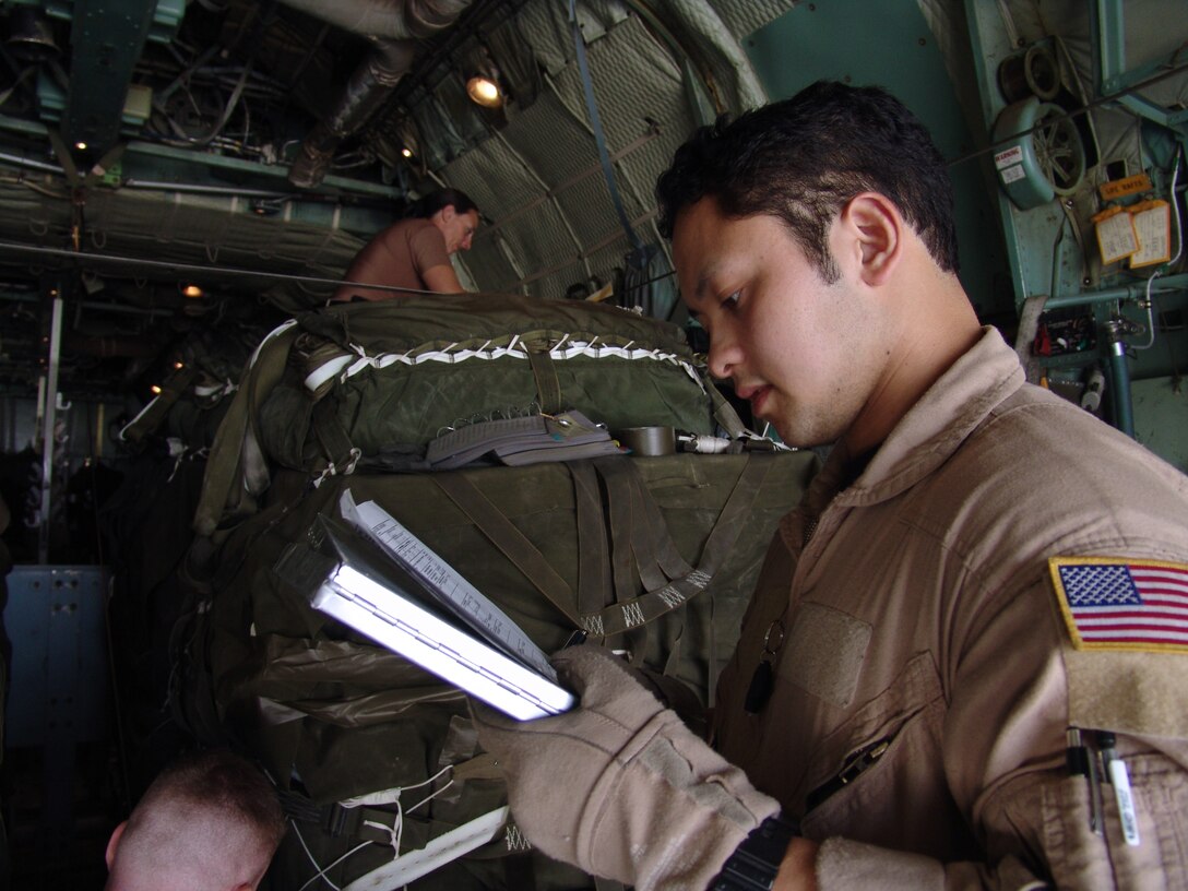 SOUTHWEST ASIA -- Staff Sgt. Jeremy Sebolboro reviews airdrop procedures while troops prepare containerized delivery system pallets onboard a C-130 Hercules.  Each pallet contained basic medical supplies, food and blankets.  The pallets were airdropped by a C-130 to Soldiers in rural areas of Afghanistan, and the supplies were distributed to needy villagers in the local area.  Sergeant Sebolboro is a loadmaster with the 737th Expeditionary Airlift Squadron at a forward-deployed location and is from Pope Air Force Base, N.C.  (U.S. Air Force photo by Master Sgt. Al Gerloff)