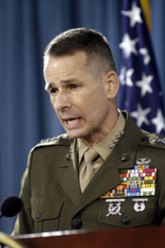 Vice Chairman of the Joint Chiefs of Staff Gen. Peter Pace, U.S. Marine Corps, comments on the problems being experienced by the Army in meeting its recruiting goals during a Pentagon press briefing on June 14, 2005. 