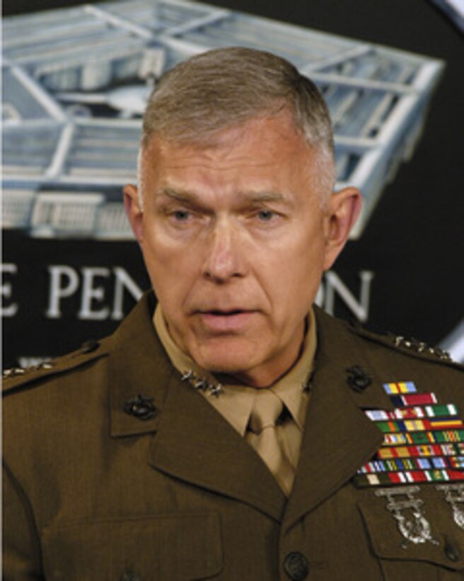 Joint Staff Director for Operations Lt. Gen. James T. Conway, U.S. Marine Corps, responds to a reporter's question during a Pentagon press briefing on June 16, 2005. 