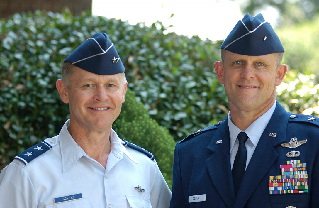 LANGLEY AIR FORCE BASE, Va. -- Maj. Gen. Stanley Gorenc (left) and his brother, Brig. Gen. Frank Gorenc, are two of 271 general officers in the active-duty Air Force of more than 350,000.  The two-star general is director of operational capabilities requirements in Washington, and his younger brother will be the 332nd Air Expeditionary Wing commander at Balad Air Base, Iraq.  (U.S. Air Force photo by Airman 1st Class Samantha Willner)                  