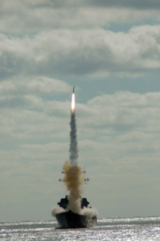 The guided missile destroyer USS Bainbridge (DDG 96) conducts a missile exercise in the Kennebec River, Maine, on June 14, 2005. 