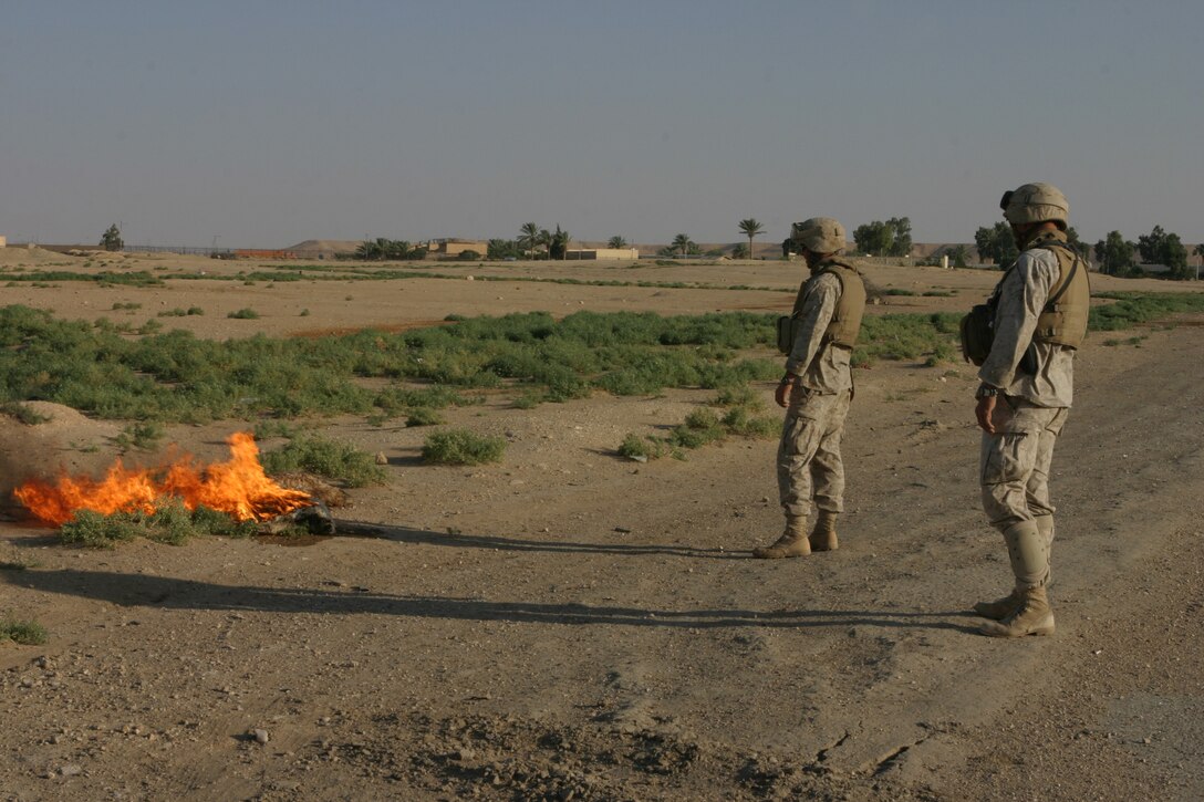AL ASAD, Iraq (June 23, 2005) - Gunnery Sgt. William S. Barnes, a Maysville, Miss., native, and Cpl. Brandon H. Cannon, a Cook, Nebr., native, both with the Military Police Detachment, Combat Logistics Battalion 2, 2d Force Service Support Group (Forward), watch as a dead sheep burns on the side of the road. During the Brikwal Patrol the Marines with 5th Squad burned the sheep so it can not be used to hide mines or improvised explosive devices.
