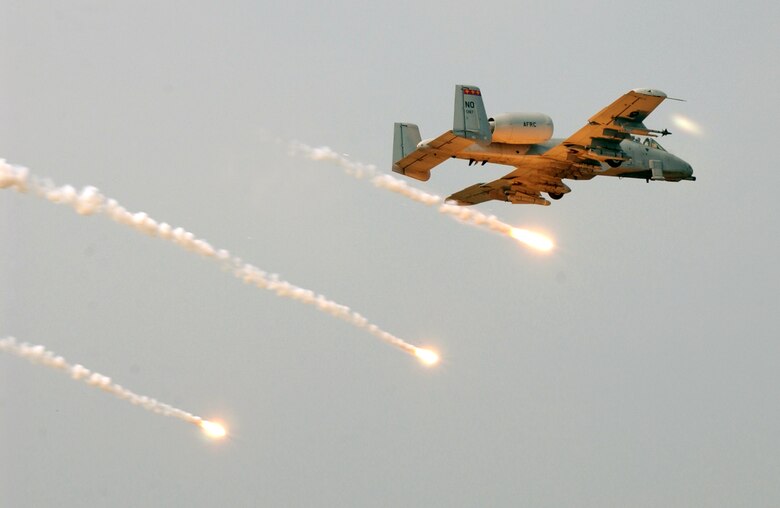 FORT POLK, La. -- An A-10 Thunderbolt II drops several flares after destroying a ground target during a live-fire engagement. (U.S. Air Force photo by Senior Airman Stephen Otero) 