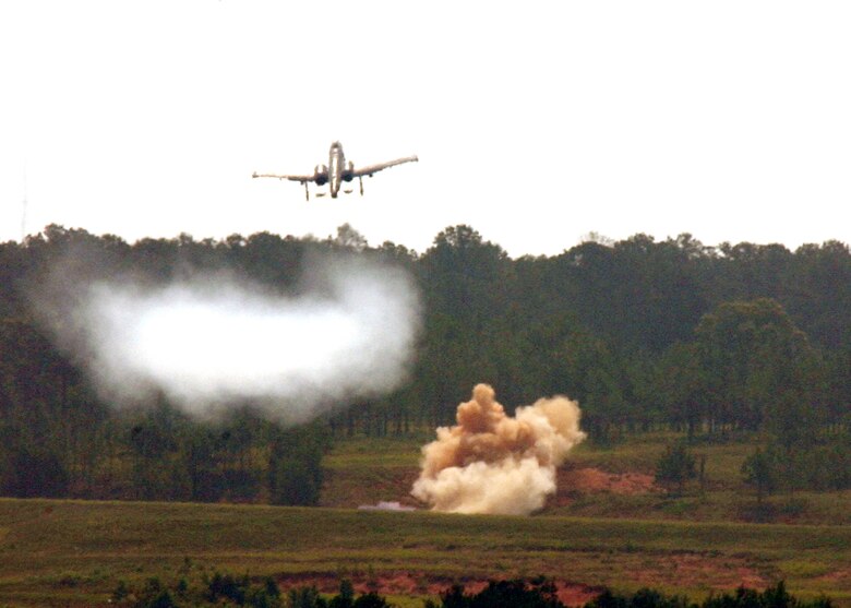 FORT POLK, La. -- An A-10 Thunderbolt II pulls up after destroying a ground target with its 30 mm Gatling gun during a live-fire portion of Air Warrior II here.  Airmen of the 354th Fighter Squadron from Davis-Monthan Air Force Base, Ariz., are participating in the exercise along with Air Force joint terminal attack controllers embedded with the Army's 10th Mountain Division.  (U.S. Air Force photo by Senior Airman Stephen Otero)