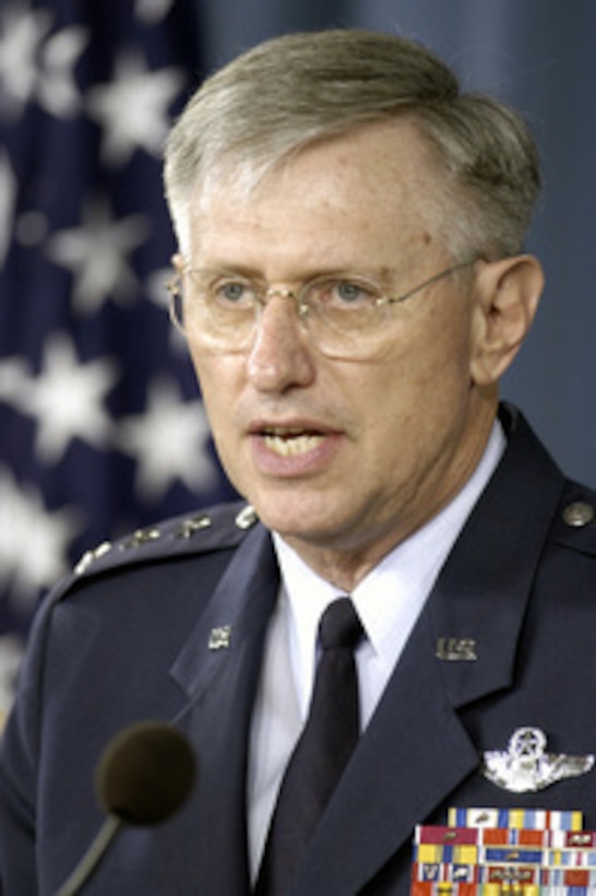 Air Force Deputy Chief of Staff for Personnel Lt. Gen. Roger Brady briefs reporters in the Pentagon on the findings of his investigation into the religious climate at the U.S. Air Force Academy on June 22, 2005. 