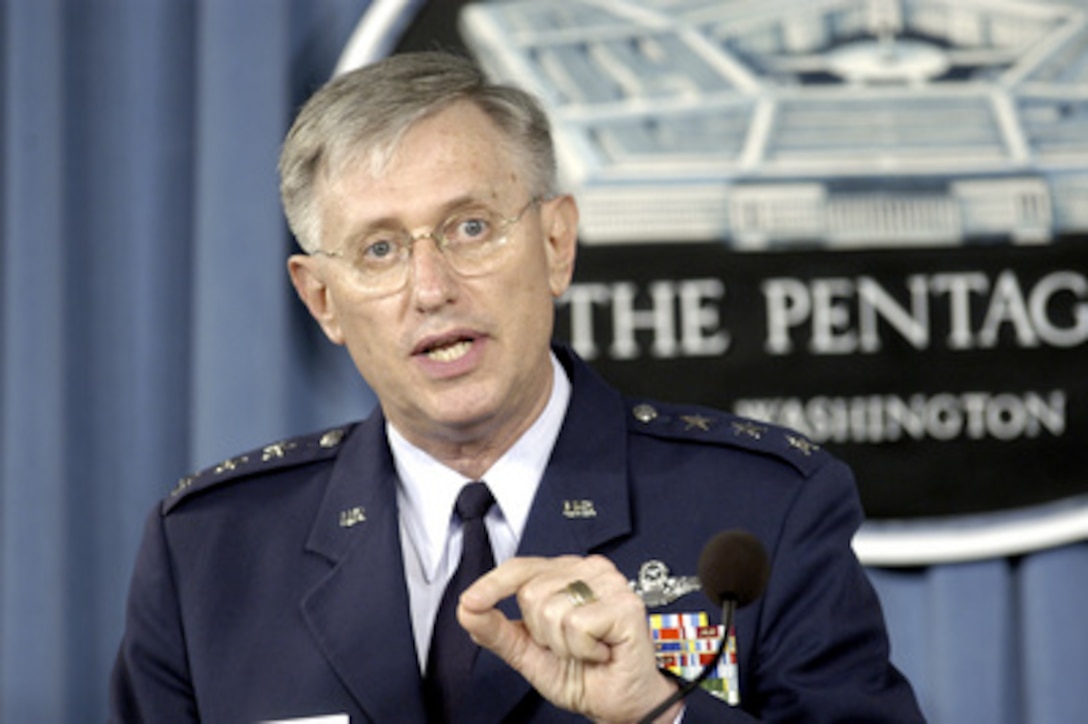 Air Force Deputy Chief of Staff for Personnel Lt. Gen. Roger Brady talks about his investigation into the religious climate at the U.S. Air Force Academy during a Pentagon news briefing on June 22, 2005. 