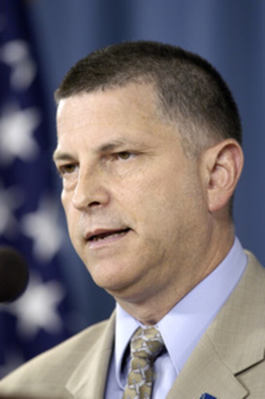 Acting Secretary of the Air Force Michael Dominguez responds to a reporter's question during a Pentagon press briefing on the findings of an investigation into alleged religious intolerance and bias at the U.S. Air Force Academy on June 22, 2005. Dominguez joined Air Force Chief of Staff Gen. John Jumper and the principal investigator and author of the report Lt. Gen. Roger Brady in fielding questions. 