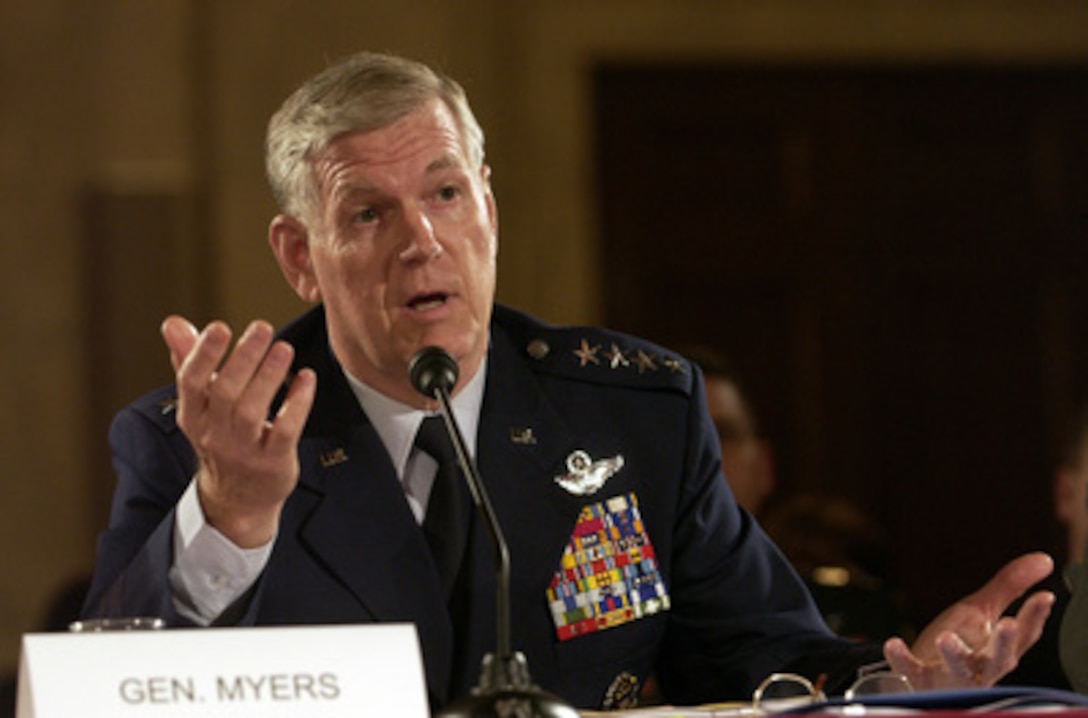 Chairman of the Joint Chiefs of Staff Gen. Richard Myers, U.S. Air Force, responds to a senator's question during a Senate Armed Services Committee hearing on the U.S. military strategy in Iraq on Capitol Hill in Washington, D.C., on June 23, 2005. Secretary of Defense Donald Rumsfeld, U.S. Central Command Commander Gen. John Abizaid, U.S. Army, and Commanding General of Multi-National Forces in Iraq Gen. George Casey Jr., U.S. Army, joined in testifying before the committee. 