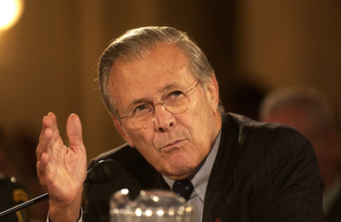 Secretary of Defense Donald H. Rumsfeld answers a question during a Senate Armed Services Committee hearing on the U.S. military strategy in Iraq on Capitol Hill in Washington, D.C., on June 23, 2005. Chairman of the Joint Chiefs of Staff Gen. Richard Myers, U.S. Air Force, U.S. Central Command Commander Gen. John Abizaid, U.S. Army, and Commanding General of Multi-National Forces in Iraq Gen. George Casey Jr., U.S. Army, joined Rumsfeld in testifying before the committee. 