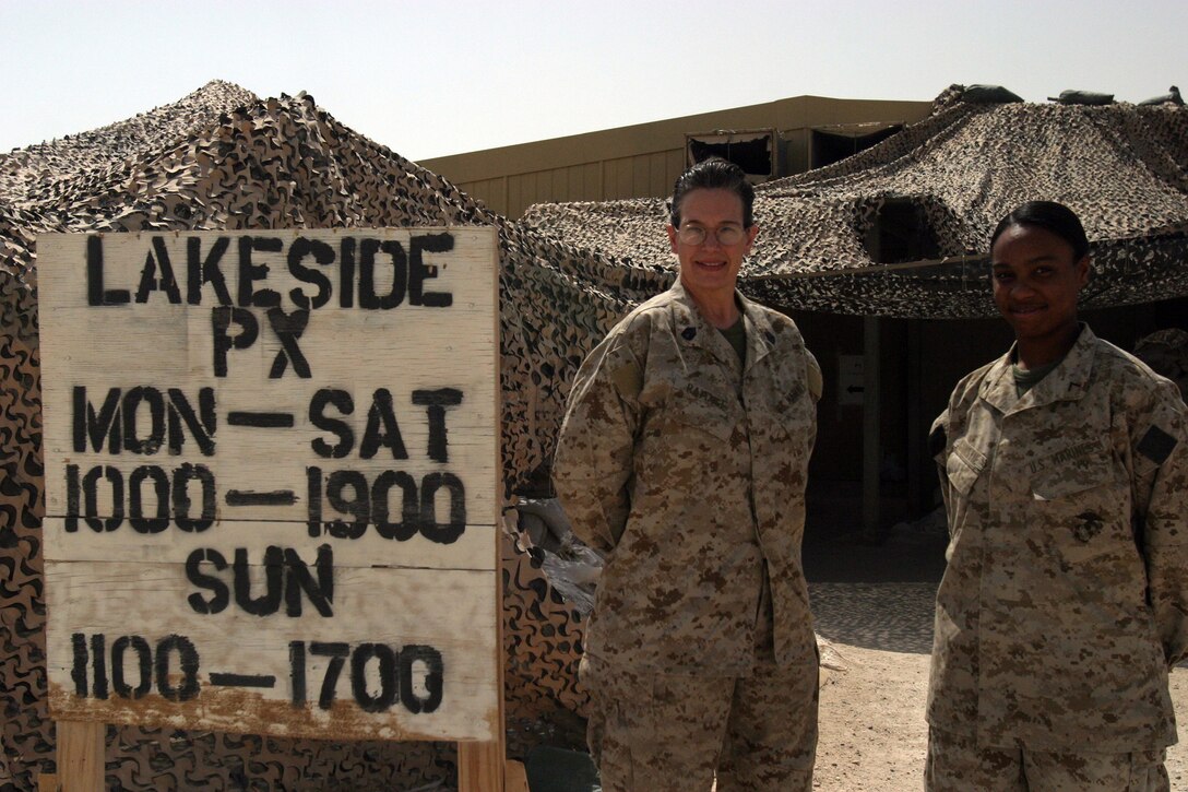 CAMP TAQADDUM, Iraq -- Private First Class Geneva Christie, a Trenton, N.J., native and Gunnery Sgt. Gwen C. Ramage, a native of Freeport, Ill., are responsible for keeping the exchange open, clean and stocked to the best of their ability.  The Marines from Service Company, Headquarters and Service Battalion have increased the amount of stock on the shelves by almost half since the beginning of the deployment.  They have also increased to store hours to improve availability for Marines, Sailors, Soldiers and civilians.