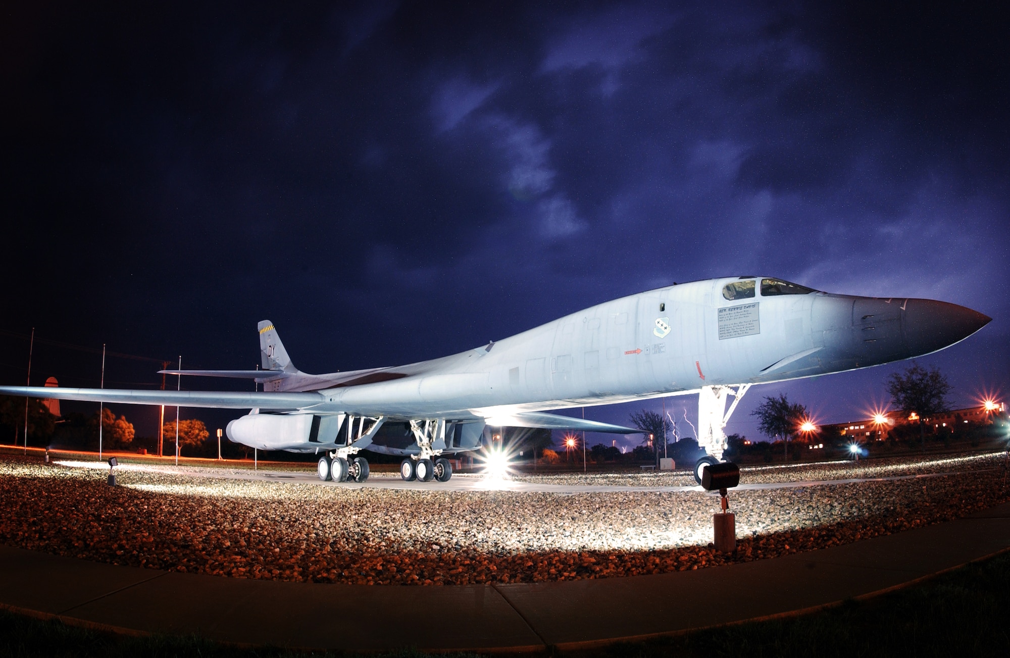 DYESS AIR FORCE BASE, Texas -- The first operational B-1B Lancer in the Air Force, also known as the Star of Abilene, sits on display here.  The base celebrated the bomber's 20th anniversary June 29.  (U.S. Air Force photo by Airman 1st Class Alan Garrison)