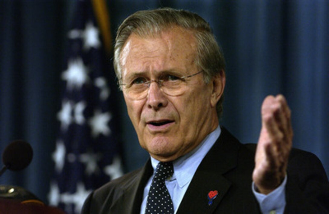 Secretary of Defense Donald H. Rumsfeld answers a reporter's question during a press conference with Commander, Multi-National Force-Iraq Gen. George W. Casey Jr., U.S. Army, in the Pentagon on June 27, 2005. Rumsfeld and Casey fielded questions from reporters on the U.S. military strategy and operations in Iraq. 