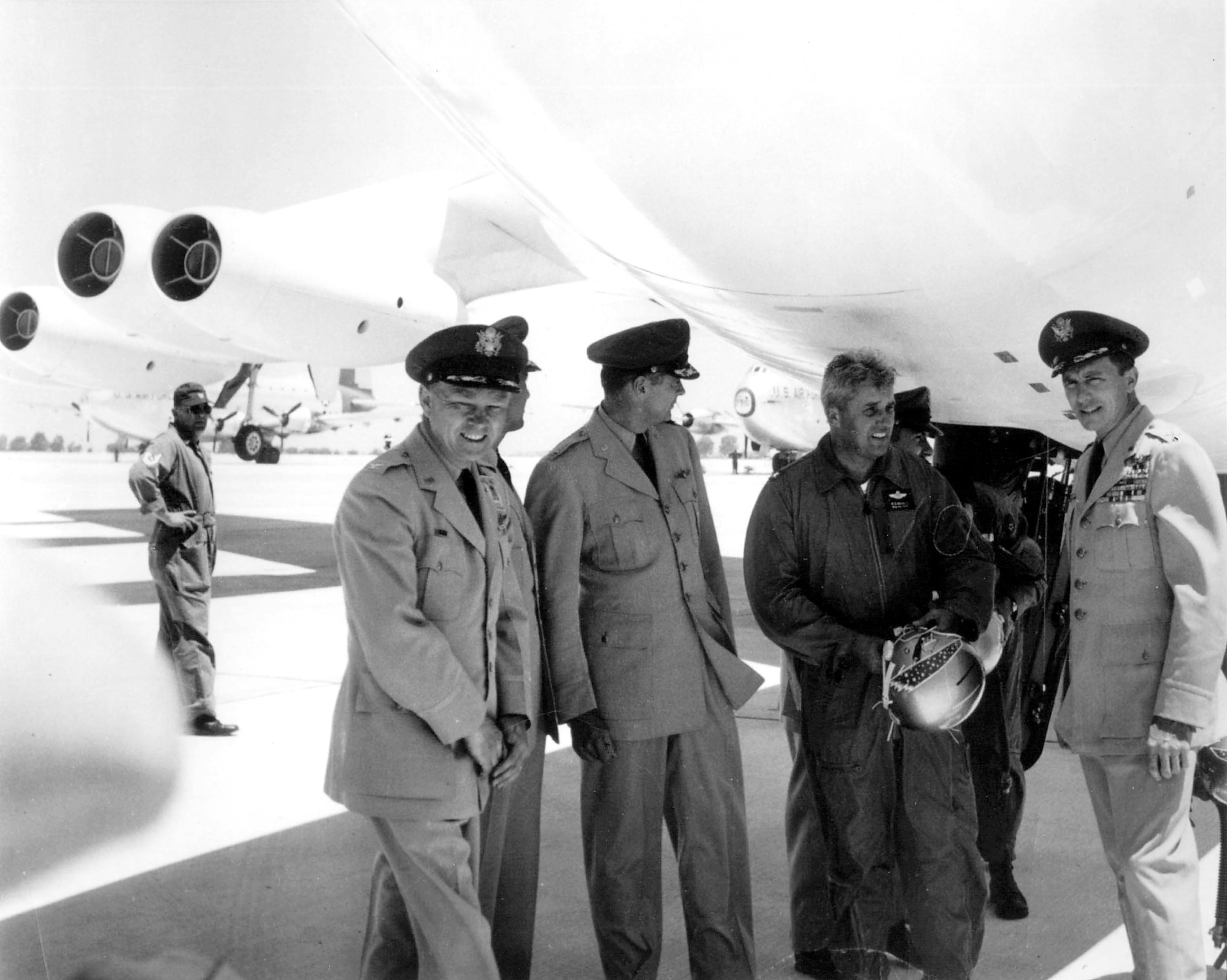 CASTLE AIR FORCE BASE, Calif. -- Retired Brig. Gen. William Eubank, the 93rd Bomb Wing commander, talks with Air Force officers on the flightline here after the first B-52 Stratofortress operational flight June 29, 1955.  (U.S. Air Force photo)