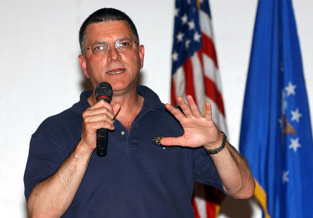 TALLIL AIR BASE, Iraq -- Michael L. Dominguez, acting secretary of the Air Force, speaks during a troop call here June 29.  He told Airmen the importance of the U.S. military's mission in Iraq and what the future image of an Air Force warfighter will look like for the next few years.  (U.S. Air Force photo by Master Sgt. Maurice Hessel)