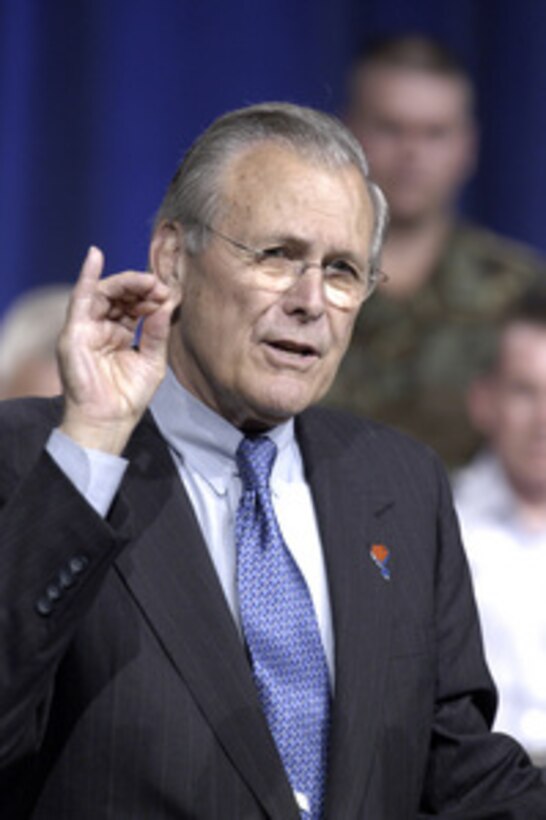 Secretary of Defense Donald H. Rumsfeld responds to a question from the audience during a Pentagon Town Hall meeting on June 29, 2005. Rumsfeld and Chairman of the Joint Chiefs of Staff Gen. Richard B. Myers, U.S. Air Force, fielded a variety of questions from military and civilian Department of Defense employees. The meeting was televised live to service men and women worldwide on the Pentagon Channel. 