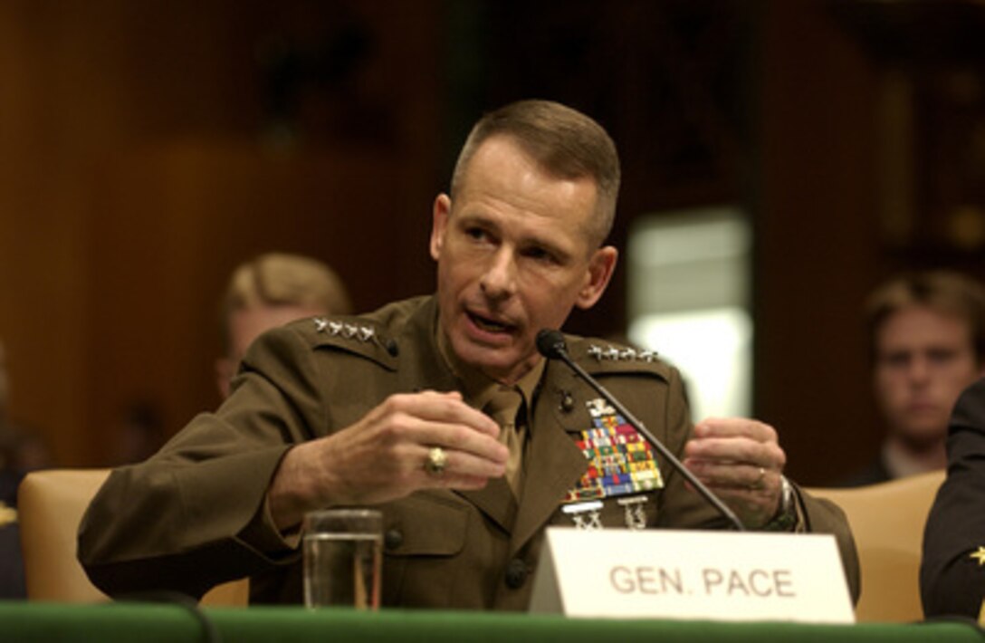 Marine Corps Gen. Peter Pace testifies at the Senate Armed Services Committee hearing on his nomination to become the next Chairman of the Joint Chiefs of Staff in Washington, D.C., on June 29, 2005. Pace is currently the Vice Chairman of the Joint Chiefs of Staff and if confirmed would be the first Marine to become Chairman. 