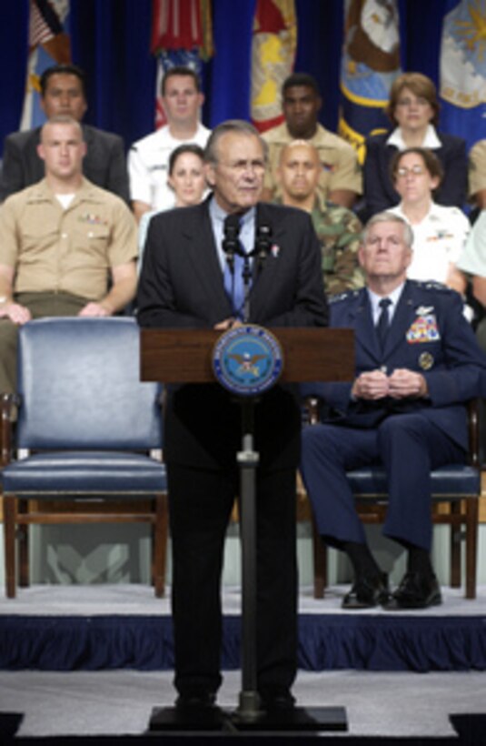 Secretary of Defense Donald H. Rumsfeld addresses the audience during a Pentagon Town Hall meeting on June 29, 2005. Chairman of the Joint Chiefs of Staff Gen. Richard B. Myers, U.S. Air Force, joined Rumsfeld in fielding a variety of questions from military and civilian Department of Defense employees. The meeting was televised live to service men and women worldwide on the Pentagon Channel. 