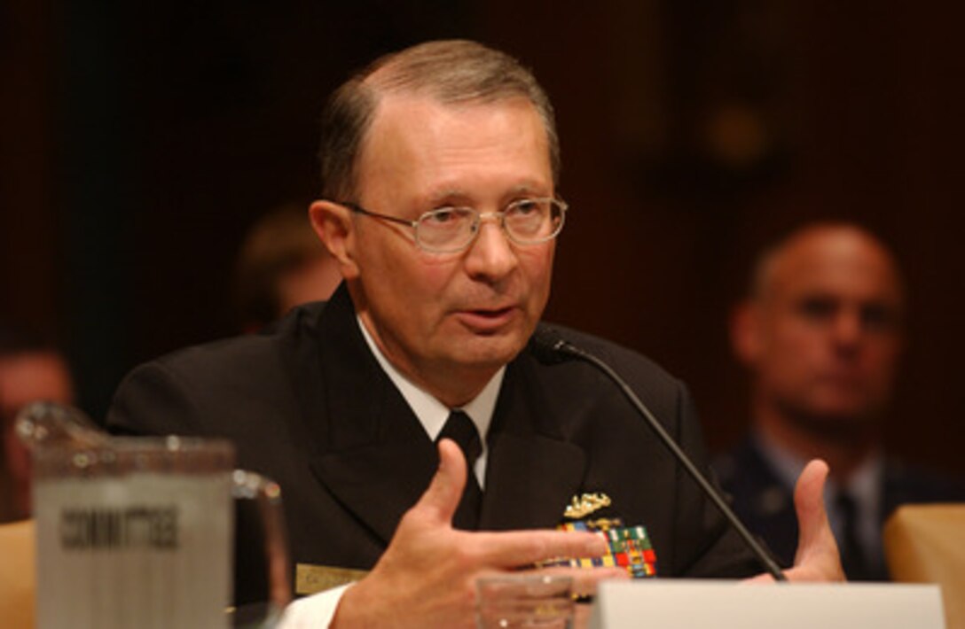 Adm. Edmund P. Giambastani Jr., U.S. Navy, responds to a question from a senator at the Senate Armed Services Committee hearing on his nomination to become the next Vice Chairman of the Joint Chiefs of Staff in Washington, D.C., on June 29, 2005. 