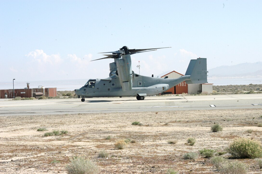 The third CV-22 Osprey test aircraft arrived at Edwards Air Force Base, Calif., Feb. 26, 2005.  The aircraft can take off like a helicopter and fly like an airplane.  (U.S. Air Force photo/Senior Airman Matt Dillier)