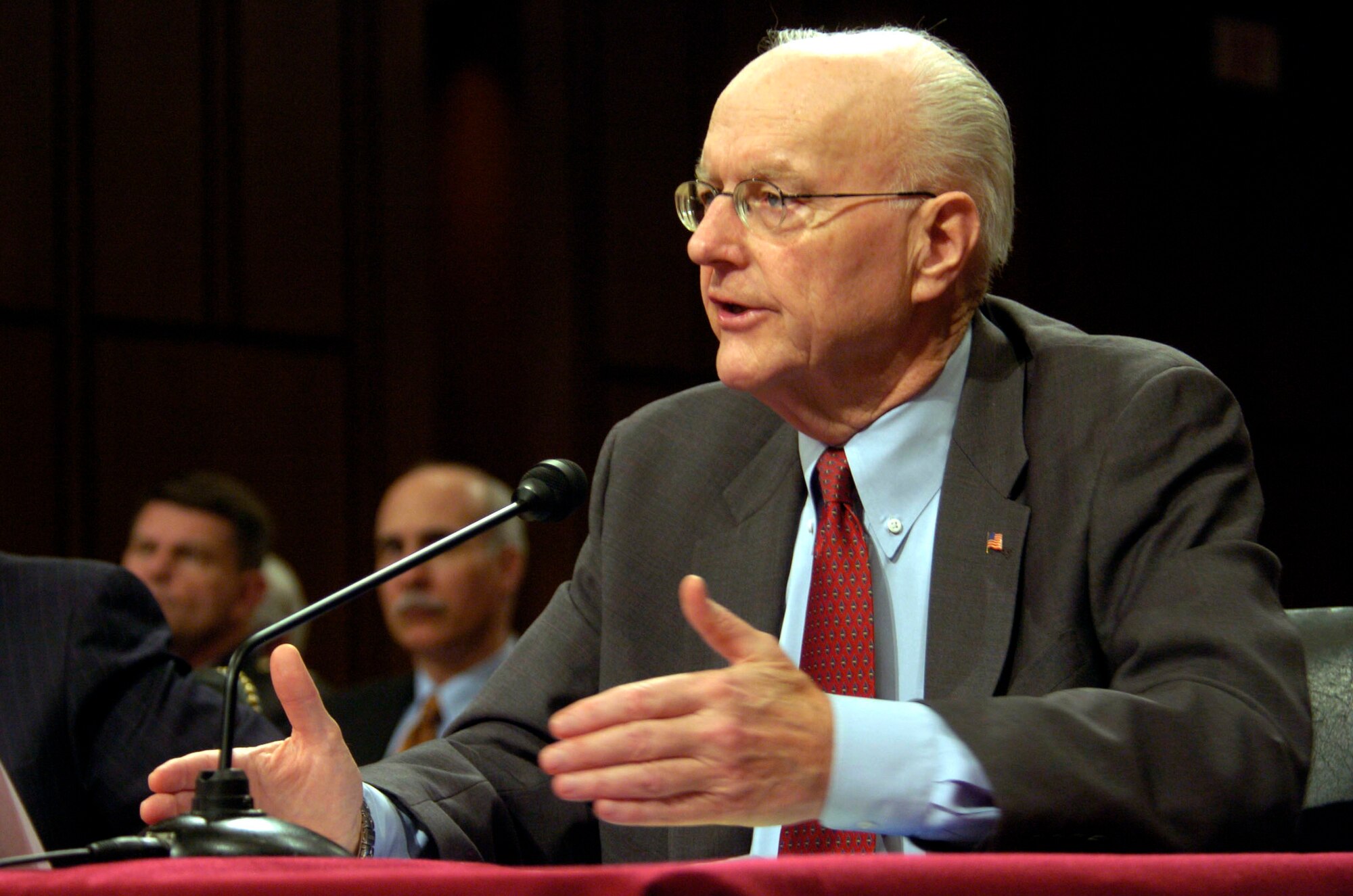 WASHINGTON -- Peter B. Teets, acting secretary of the Air Force, testifies before the Senate Armed Services Committee here March 3. (U.S. Air Force photo by Master Sgt. Gary R. Coppage)
