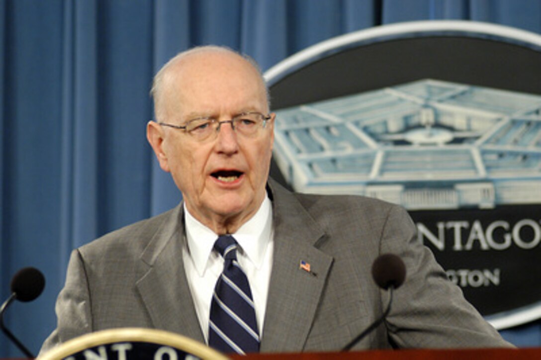 Acting Secretary of the Air Force Peter B. Teets announces the reinstatement of three previously suspended Boeing integrated defense systems business units at a Pentagon press briefing on March 4, 2005. The business units had been involved in the Evolved Expendable Launch Vehicle program. 