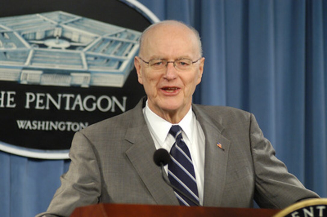 Acting Secretary of the Air Force Peter B. Teets announces the reinstatement of three previously suspended Boeing integrated defense systems business units at a Pentagon press briefing on March 4, 2005. The business units had been involved in the Evolved Expendable Launch Vehicle program. 