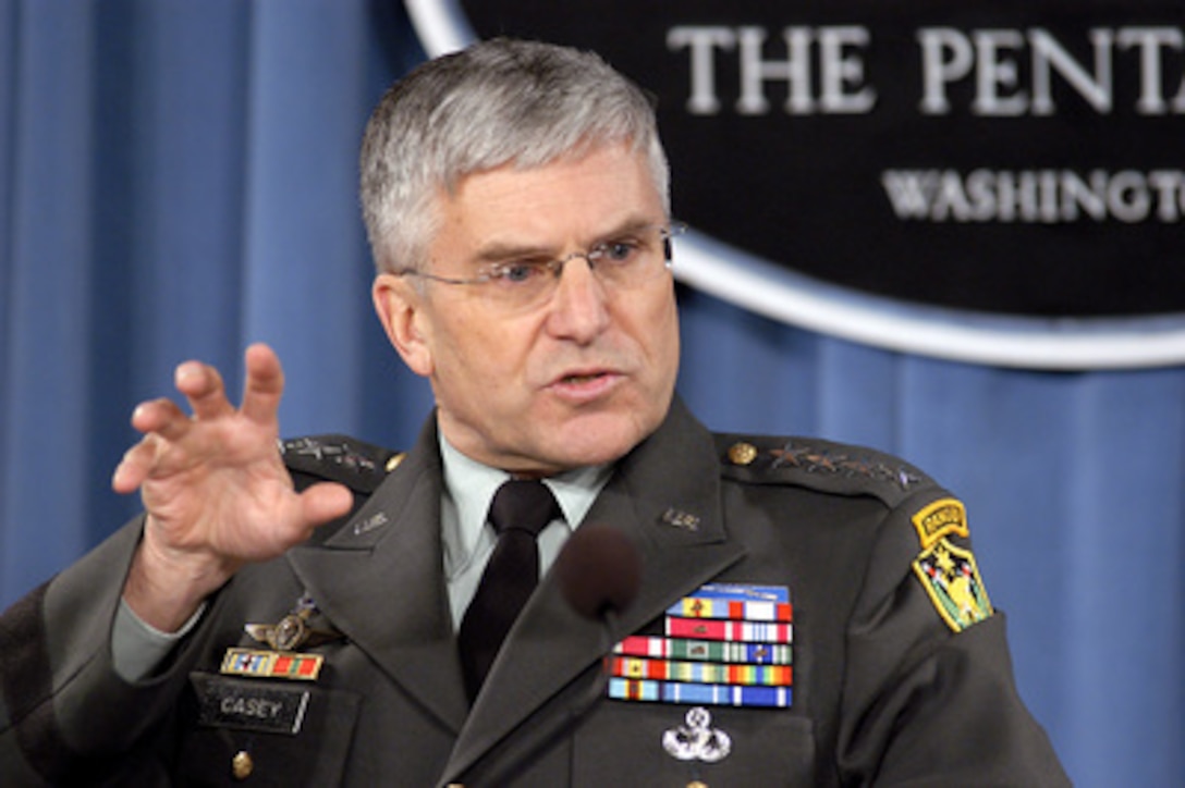 Commander of the Multinational Force Iraq Gen. George Casey, U.S. Army, talks with reporters in the Pentagon about the current status of his command on March 8, 2005. 