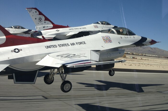 NELLIS AIR FORCE BASE, Nev. -- A view of the Thunderbirds from the slot position during the famed diamond takeoff.  (U.S. Air Force photo by Tech. Sgt. Sean M. White)