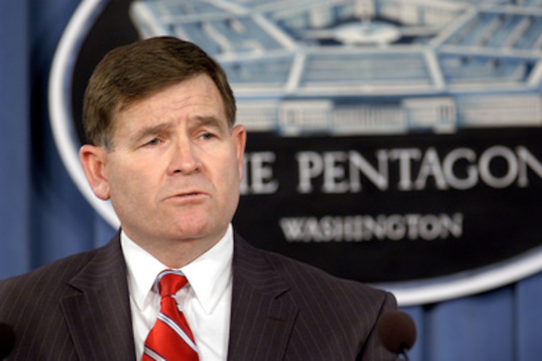 Thomas Gandy, director for human intelligence, foreign disclosure and security in the Office of the Army's Deputy Chief of Staff for Intelligence, comments on how the Department of Defense interfaces with other governmental agencies including the CIA when conducting detention operations and interrogations during a March 10, 2005, Pentagon press briefing on detainee operations. Leading the team was Director of the Navy Staff Vice Adm. Albert T. Church III author of the document "Review of DoD Detention Operations and Detainee Interrogation Techniques." Other briefers were Deputy Assistant Secretary of Defense for Detainee Affairs Mathew Waxman, and U.S. Army Deputy Provost Marshal General Col. Pete Champagne. 