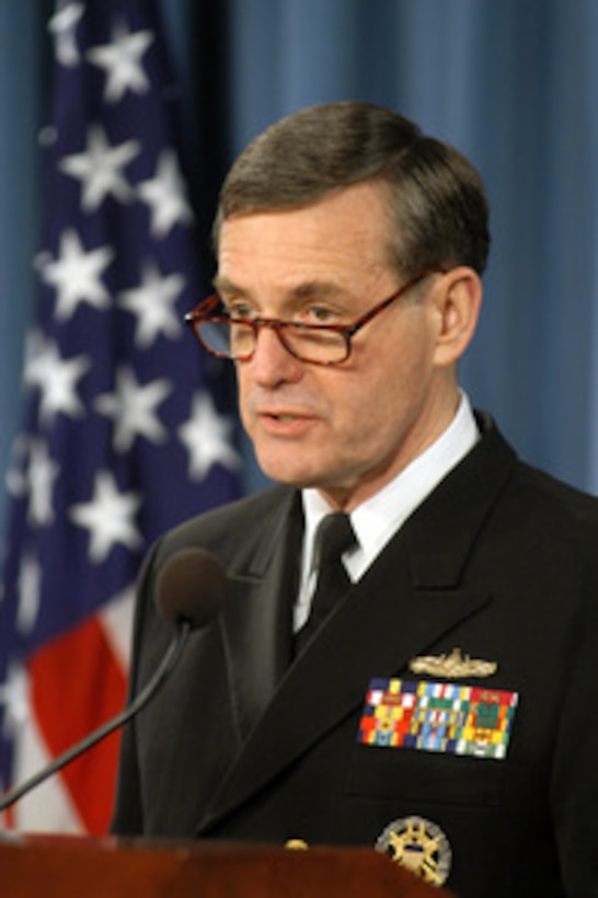Director of the Navy Staff Vice Adm. Albert T. Church III author of the "Review of DoD Detention Operations and Detainee Interrogation Techniques," known more widely as the "Church Report,' briefs reporters in the Pentagon on March 10, 2005. Joining Church were three other experts on the topic including Deputy Assistant Secretary of Defense for Detainee Affairs Mathew Waxman, Army Director for Human Intelligence Thomas Gandy and Army Deputy Provost Marshal General Col. Pete Champagne. 