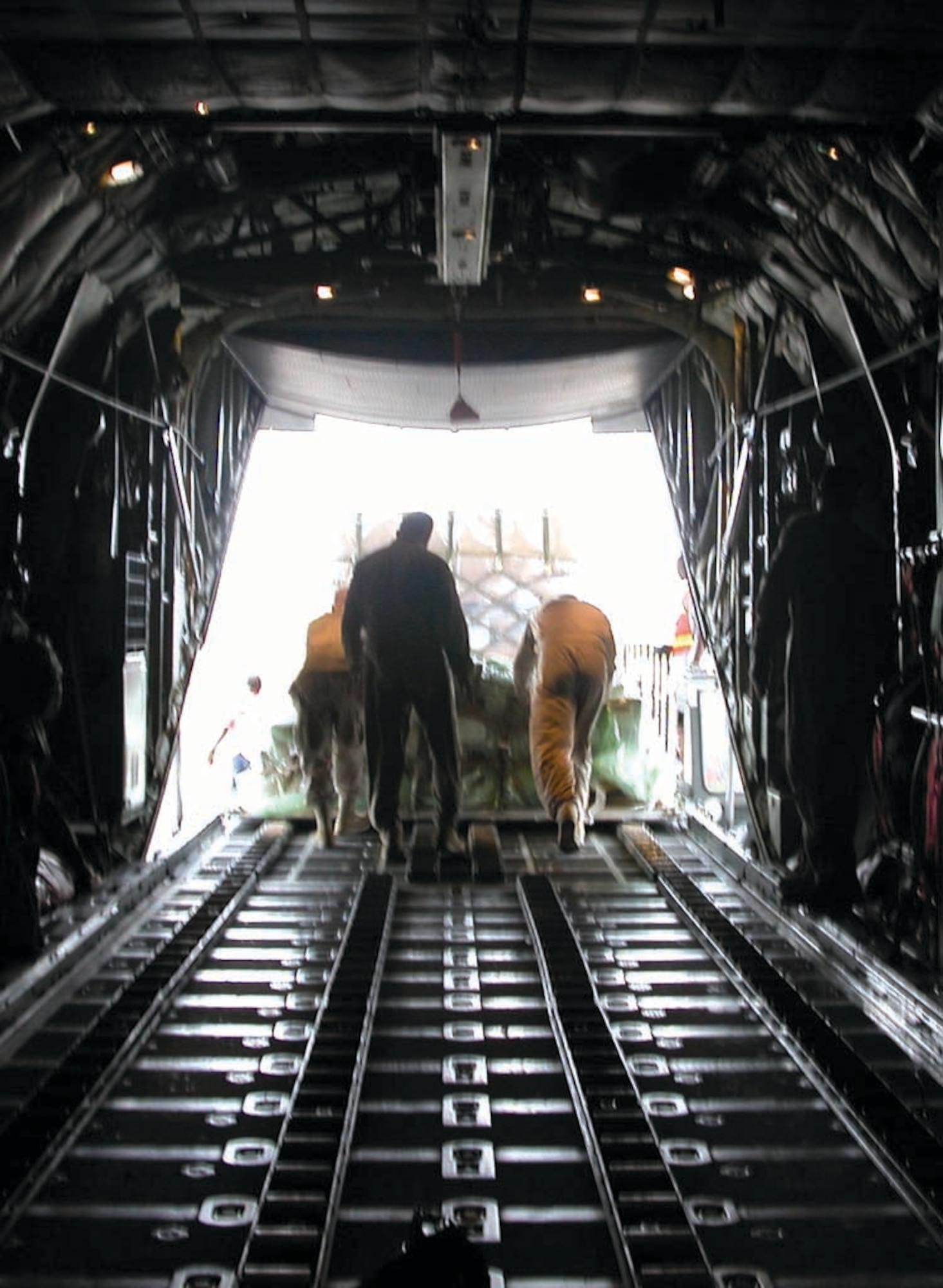SEYCHELLES ISLANDS -- A C-130 Hercules crew unloads a cargo pallet here.  They are assigned to the 746th Expeditionary Airlift Squadron. (U.S. Air Force photo by Senior Airman Karah Manning)