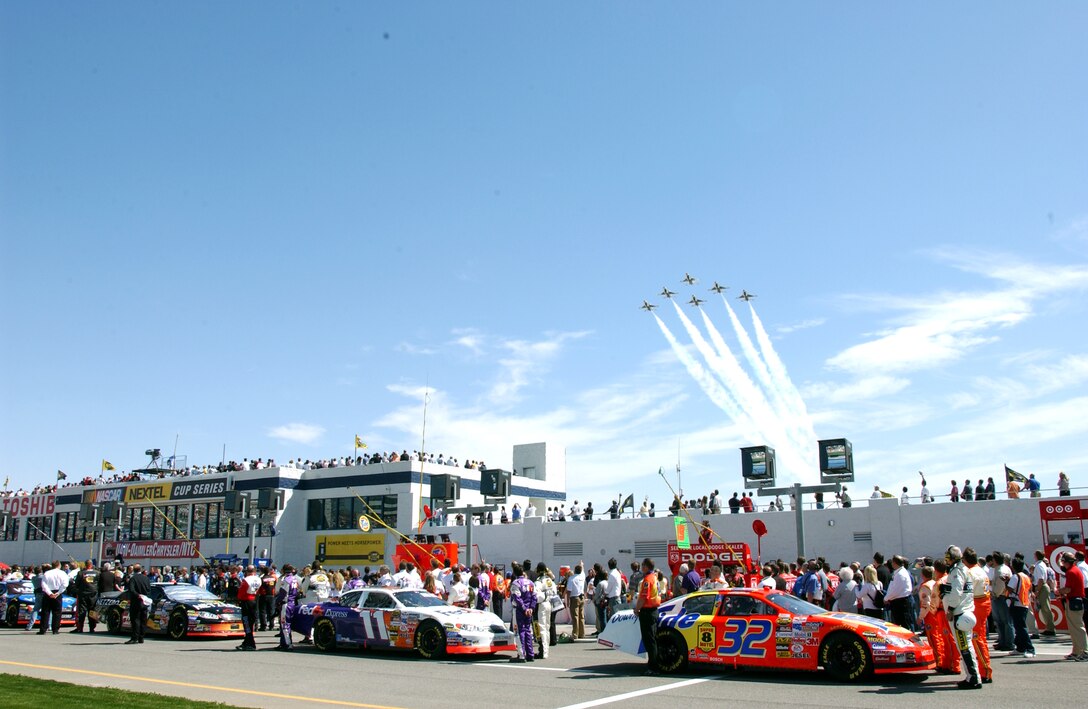LAS VEGAS -- The Air Force Thunderbirds flew their trademark Delta formation during the opening ceremony at a NASCAR race here March 13.  (U.S. Air Force photo by Tech. Sgt. Sean Mateo White)                         