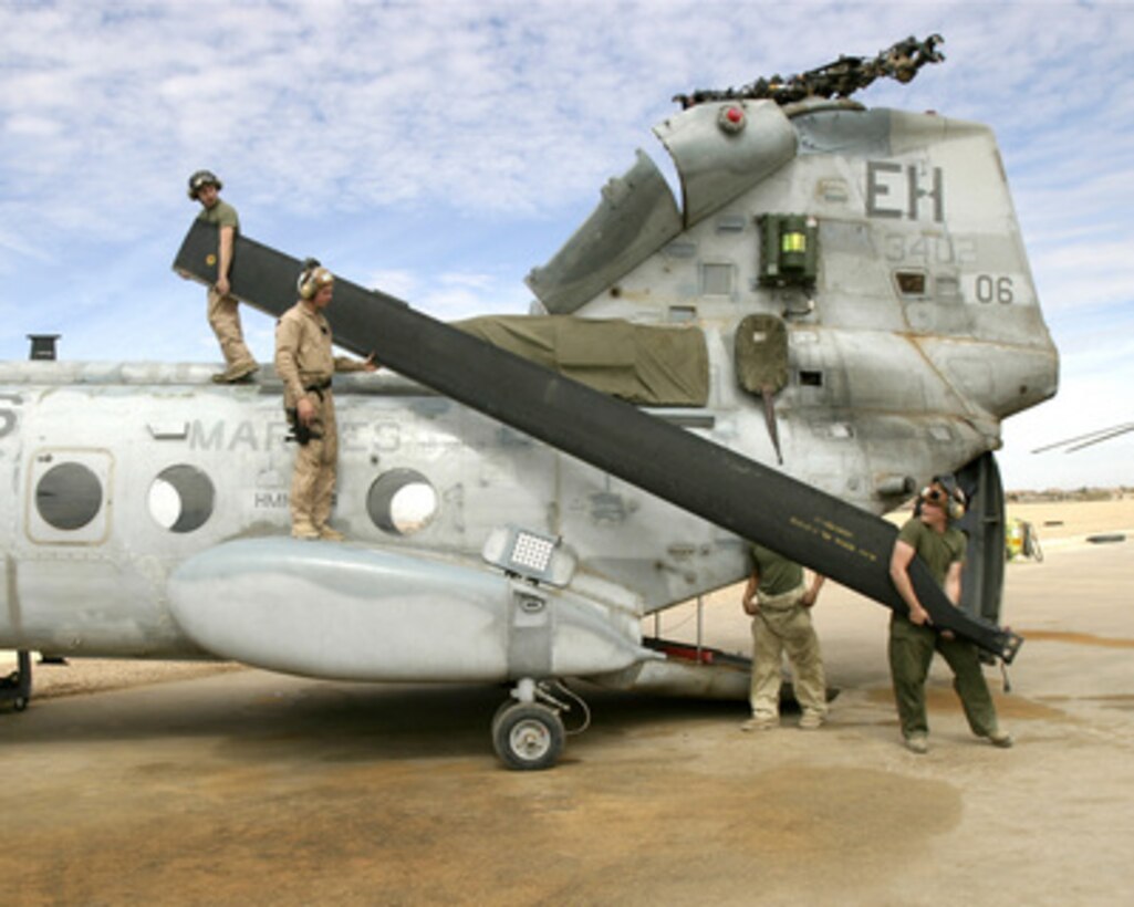 U.S. Marines with Marine Medium Helicopter Squadron 264 replace the rotor blades on a CH-46E Sea Knight helicopter in Al Asad, Iraq, on March 6, 2005. The Marines are deployed from Marine Corps Air Station New River, Fla. 