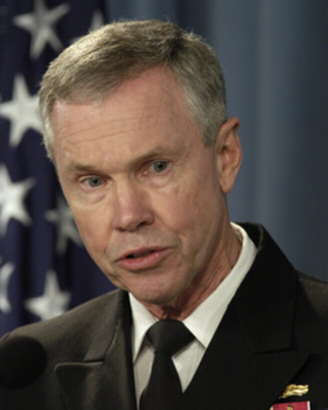 Vice Director for Strategic Plans and Policy for the Joint Chiefs of Staff Rear Adm. William D. Sullivan, U.S. Navy, responds to a reporter's question during a briefing on National Defense Strategy and National Military Strategy in the Pentagon on March 18, 2005. Sullivan accompanied Under Secretary of Defense for Policy Douglas J. Feith who stated that these strategies outline an active, layered approach to the defense of the nation and its interests. 
