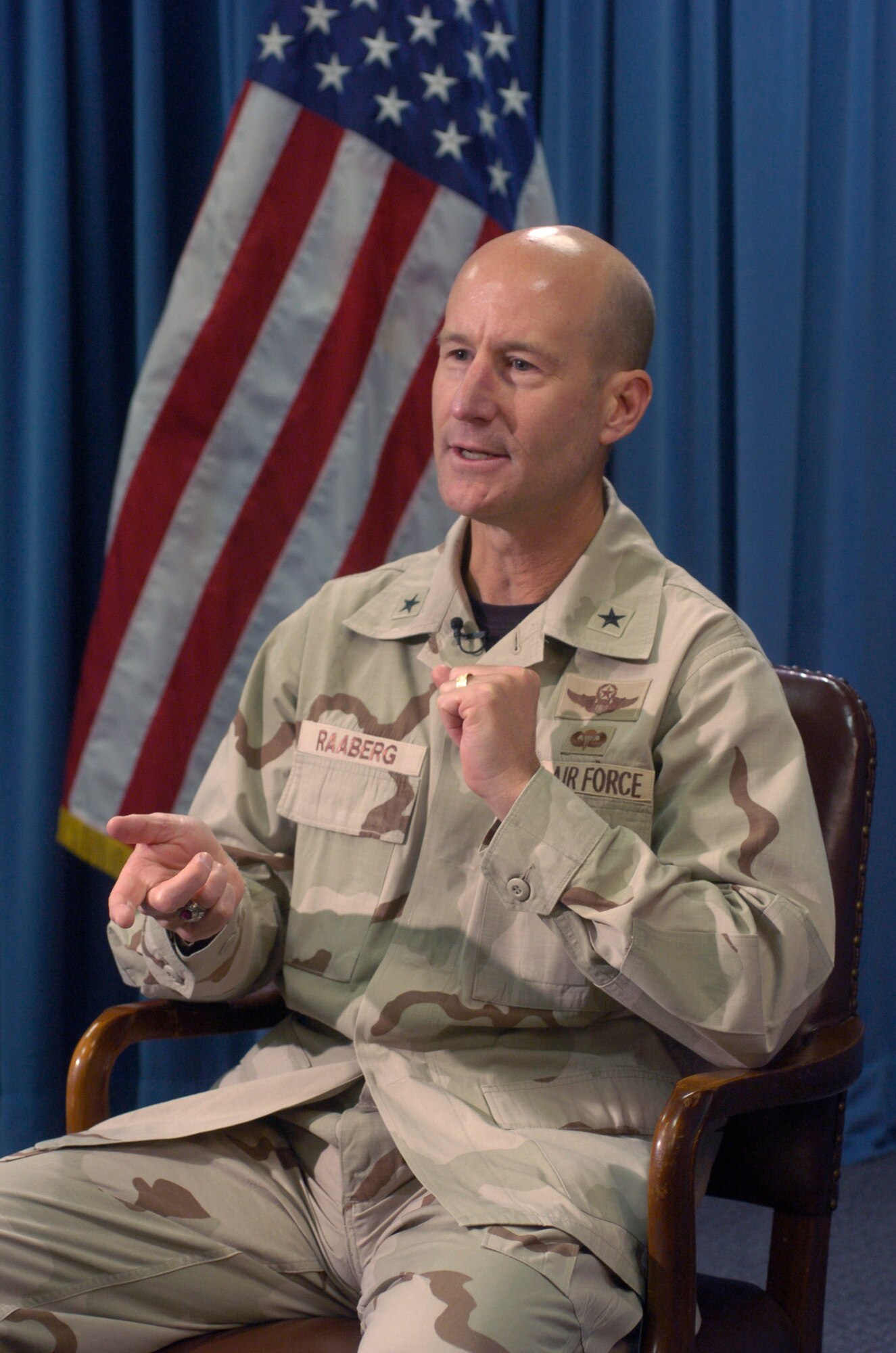 WASHINGTON -- Brig. Gen. Douglas L. Raaberg talks candidly about how Airmen are taking the fight to the war on terrorism.  He is U.S. Central Command's deputy director of operations based at MacDill Air Force Base, Fla.  (U.S. Air Force photo by Master Sgt. Gary R. Coppage)