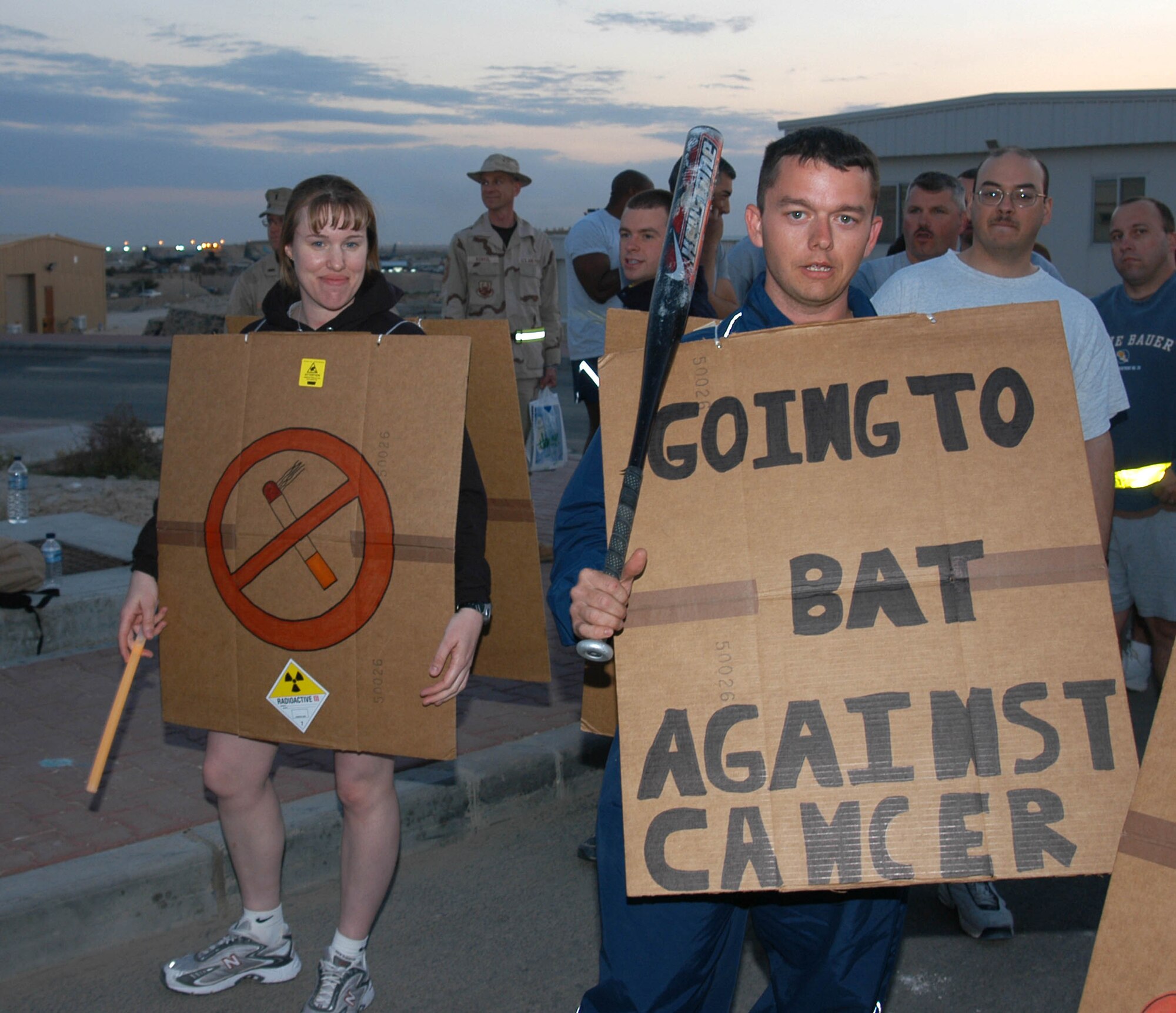 SOUTHWEST ASIA -- Tech. Sgt. Rebecca Smith and Staff Sgt. Kyle Pourciau entered the spirit portion of a Relay for Life event held at a forward-deployed location.  The event raised cancer awareness among the deployed Airmen.  (U.S. Air Force photo)