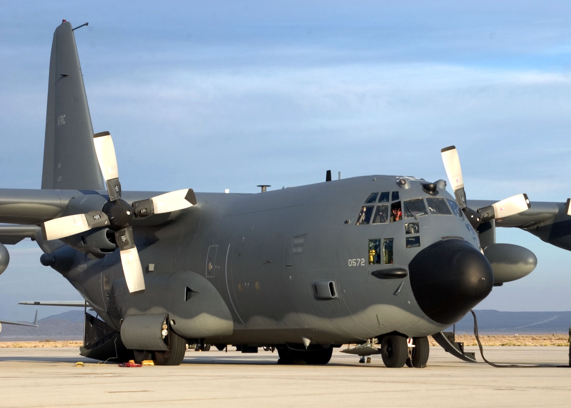 EDWARDS AIR FORCE BASE, Calif. -- An MC-130E Combat Talon I arrived here in October to receive avionics modernization program upgrades.  After undergoing several months of modifications, 418th Flight Test Squadron Airmen successfully performed the aircraft's first risk reduction flight on March 15.  (U.S. Air Force photo)